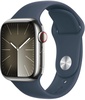 Apple Watch Series 9 GPS + Cellular 41mm Silver Stainless Steel Case With Storm Blue Sport Band - M/L (MRJ33)