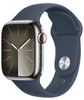 Apple Watch Series 9 GPS + Cellular 41mm Silver Stainless Steel Case With Storm Blue Sport Band - S/M (MRJ23)
