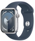 Apple Watch Series 9 GPS 45mm Silver Aluminum Case With Storm Blue Sport Band - M/L (MR9E3)