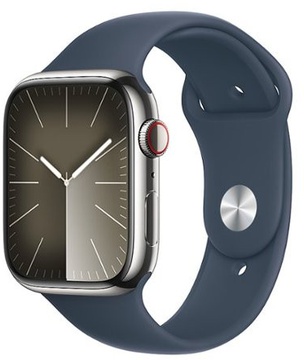 Apple Watch Series 9 GPS + Cellular 45mm Silver Stainless Steel Case With Storm Blue Sport Band - M/L (MRMP3)