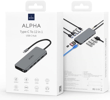 WIWU Alpha 12 in 1 (USB-C to HDMI+3xUSB3.0+USB2.0x3+USB-C+RJ45+SD+microSD+3.5mm Headphone) Space Gray