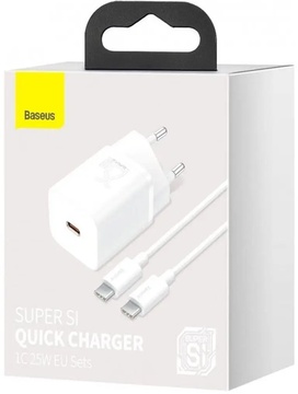 Baseus Super Silicone PD Charger 25W + Cable Type-C to Type-C 3A 1m White (TZCCSUP-L02)
