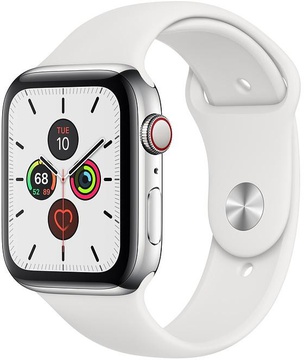 Apple Watch Series 5 GPS + Cellular 44mm Stainless Steel Case with White Sport Band (MWW22, MWWF2)
