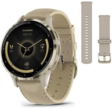 Garmin Venu 3S Soft Gold S. Steel Bezel w. French Gray Case and Leather Band (010-02785-55)