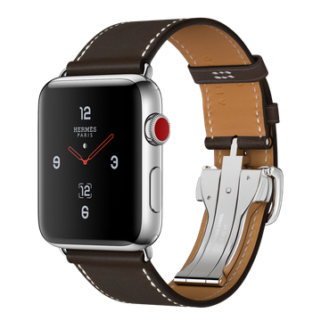 Apple Watch Hermes 42mm Series 3 GPS + Cellular Stainless Steel Case with Ebene Barenia Leather Single Tour Deployment Buckle (MQLT2)