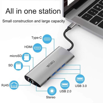 WIWU Alpha 11 in 1 (USB-C to HDMI+VGA+3xUSB3.0+USB2.0+USB-C+RJ45+SD+TF Card+3.5mm Headphone) Silver