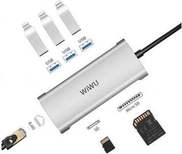 WIWU Adapter Alpha 631STR USB-C to (3 x USB 3.0 + RJ45 + SD + TF Card) Silver
