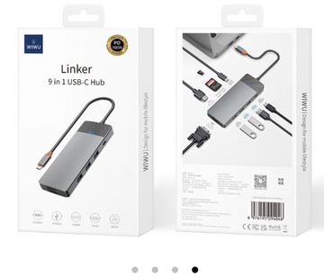 WIWU Linker 9in1 USB-C to (USB-C+USB2.0+2xUSB3.0+SD/MicroSD+VGA+HDMI+PD 100W) Grey (A921HV)