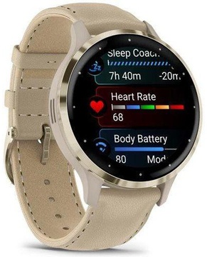 Garmin Venu 3S Soft Gold S. Steel Bezel w. French Gray Case and Leather Band (010-02785-55)