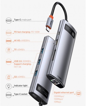 Hub Baseus Metal Gleam Multi-functional 8-in-1 (PD, USB, HDMI, RJ45) (CAHUB-CV0G) Gray