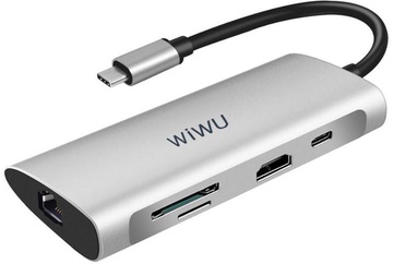 WIWU Adapter Alpha 831HRT USB-C to 3xUSB3.0+HDMI+RJ45+USB-C+SD+TF Card Silver