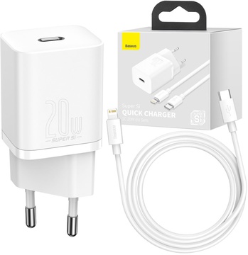 Baseus Super Silicone PD Charger 20W (1Type-C + Cable Type-C to Lightning ) White (TZCCSUP-B02)