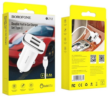 Borofone BZ12 Lasting Power 2USB 2.4A + USB Type-C White