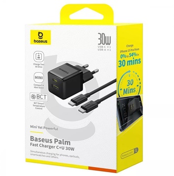 Baseus Palm Fast Charger Type-C+USB 30W (With Cable Type-C to Type-C 60W 1m) White