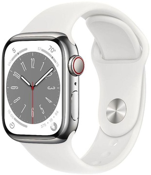 Apple Watch Series 8 GPS + Cellular 41mm Silver Stainless Steel Case with White Sport Band (MNJ53)