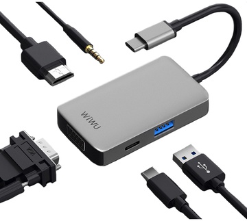 WIWU Alpha 513HVP 5in1 (USB-C to USB3.0+USB-C+VGA+HDMI+3.5mm) Space Grey
