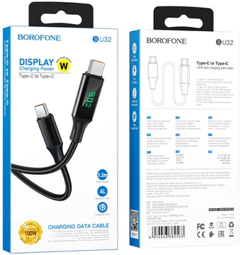 BOROFONE BU32 Type-C to Type-C 5A, 100W, 1.2m,  nylon, aluminum connectors, digital display, Black