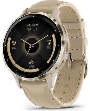 Garmin Venu 3S Soft Gold S. Steel Bezel w. French Gray Case and Leather Band (010-02785-55)