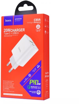 Hoco C80A Rapido PD 20W+QC3.0 (Type-C + USB) White