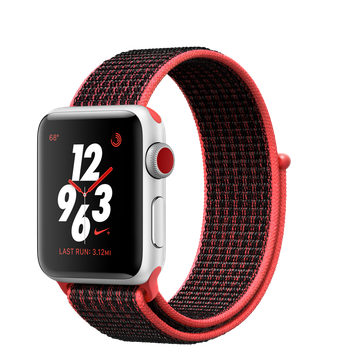 Apple Watch Nike+ 38mm Series 3 GPS + Cellular Silver Aluminum Case with Bright Crimson/Black Nike Sport Loop (MQL72)