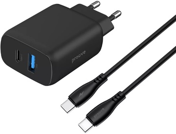 Proove Silicone Power 2 30W (Type-C + USB) + Cable Type-C to Type-C (1m) Black