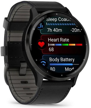 Garmin Venu 3 Slate S. Steel Bezel w. Black Case and Leather Band (010-02784-52/02)