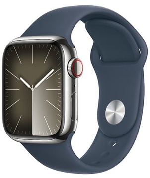 Apple Watch Series 9 GPS + Cellular 41mm Silver Stainless Steel Case With Storm Blue Sport Band - S/M (MRJ23)