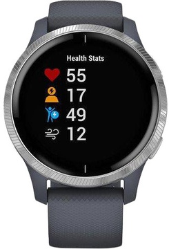 Garmin Venu Silver Stainless Steel Bezel w. Granite Blue and Silicone B. (010-02173-01/010-02173-03)