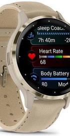 Garmin Venu 3S Soft Gold S. Steel Bezel w. French Gray Case and Leather Band (010-02785-55)