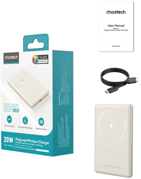 Choetech PD 20W 5000 mAh Ultra-Thin Magnetic Power Bank White
