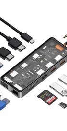 WIWU Cyber Hub 12in1 USB-C to (2xUSB3.0+2xUSB2.0+USB-C+SD-MicroSD+VGA+2xHDMI+RJ45+3.5mm) Space Grey