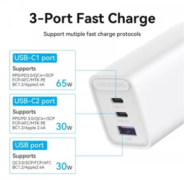 Vention 3-port USB(C+C+A) GaN Charger (65W/30W/30W) White