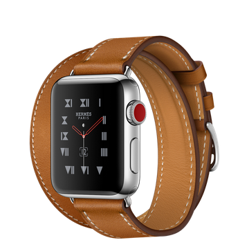 Apple Watch Hermes 38mm Series 3 GPS + Cellular Stainless Steel Case with Fauve Barenia Leather Double Tour (MQLJ2)